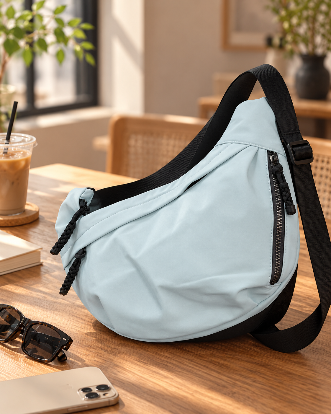 A light blue and black crossbody bag with small front zippers on a wooden table in a cozy cafe setting with iced coffee, sunglasses, and a smartphone nearby.