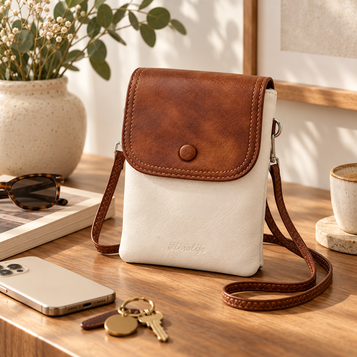 A white and brown leather crossbody bag on a wooden desk, alongside sunglasses, keys, a smartphone, a notebook, a vase with flowers, a cup on a coaster, and a framed picture in a well-lit room.