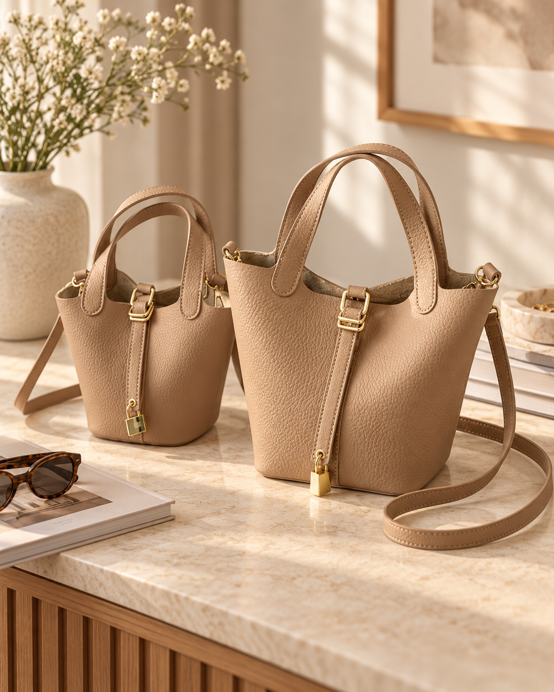 Two beige carefully shaped handbags with gold accents on a marble countertop, with a vase of white flowers and a pair of sunglasses nearby.