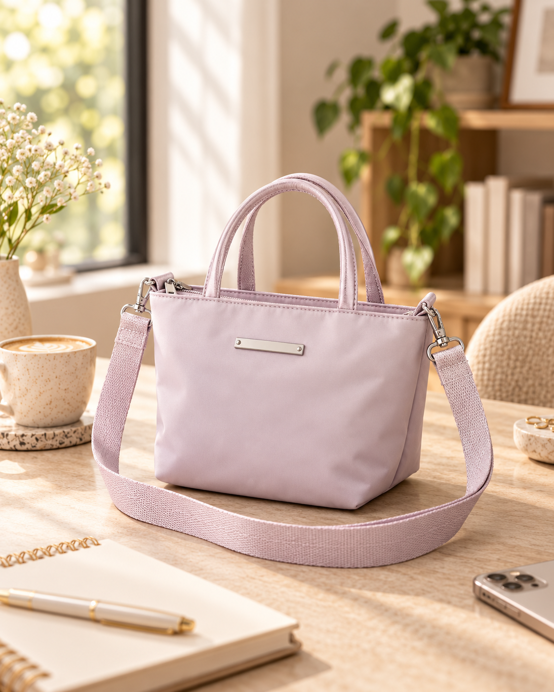A light pink handbag with a strap sits on a wooden desk in a cozy room with natural light.