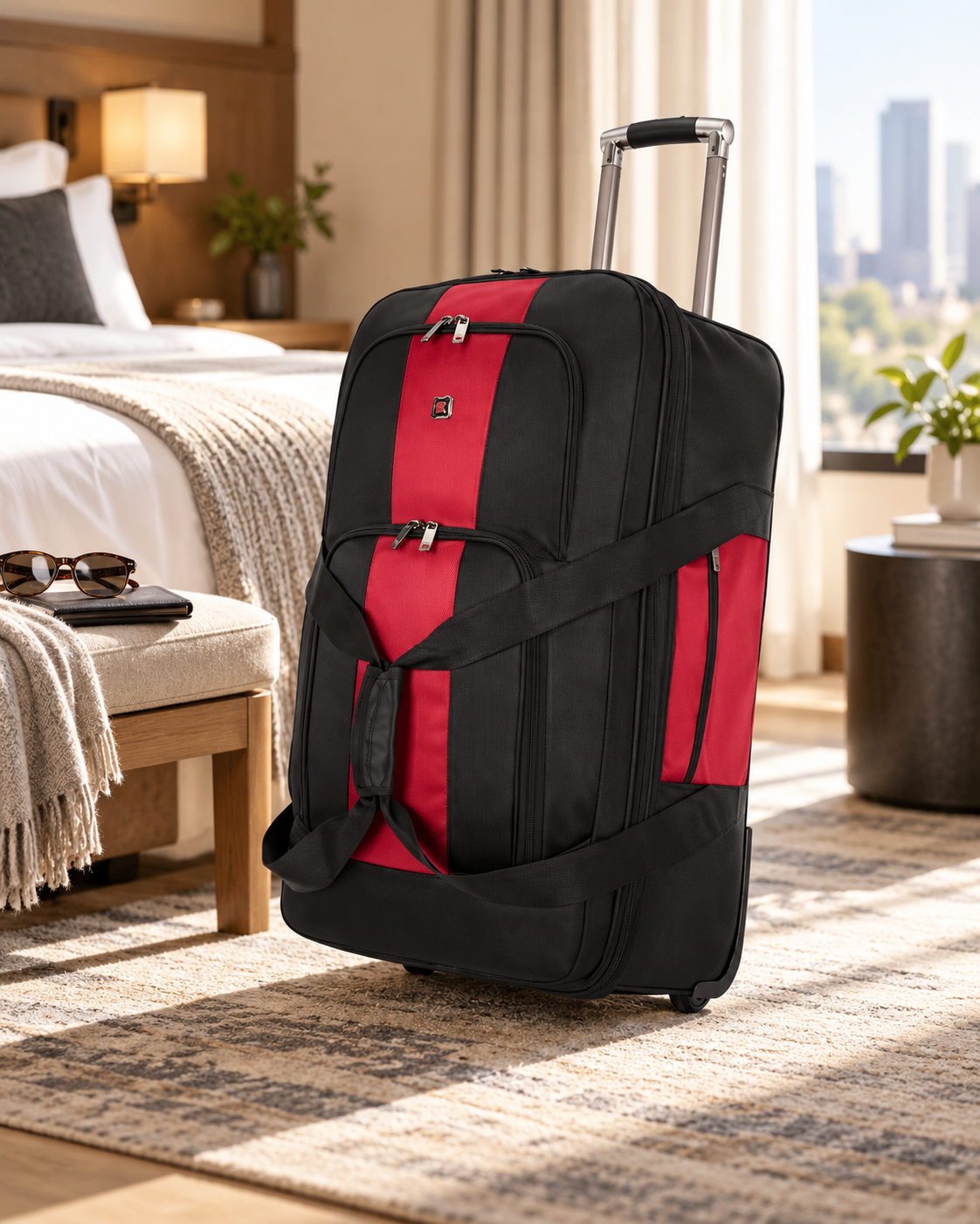 A rolling suitcase with multiple front and side compartments in black and red design in a hotel room, near a bed, with sunglasses and a closed notebook on a nearby beige ottoman.