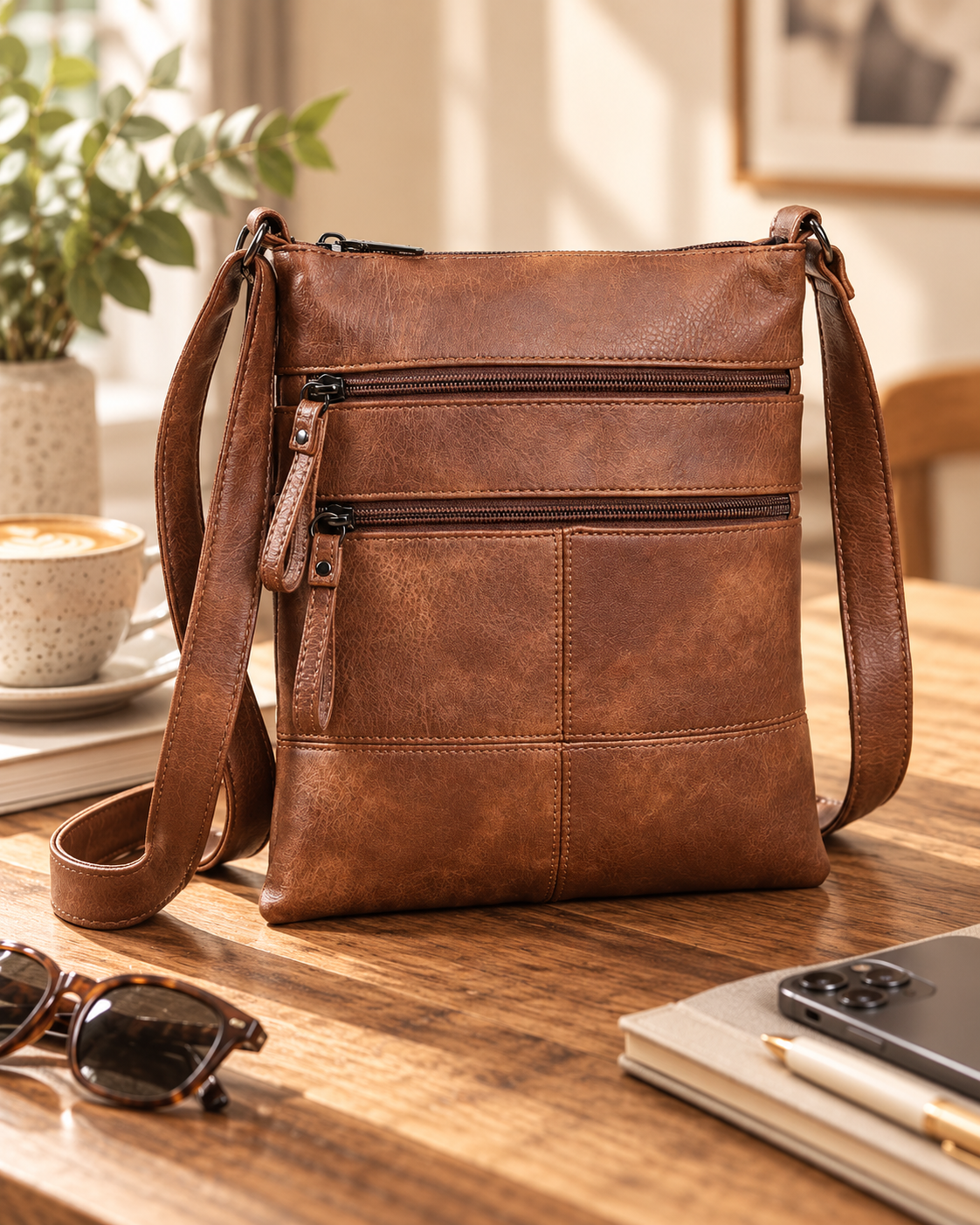 A brown leather shoulder bag with 2 front zippers on a wooden table, with sunglasses, a notebook, a pen, a smartphone, a coffee cup, and a potted plant nearby.