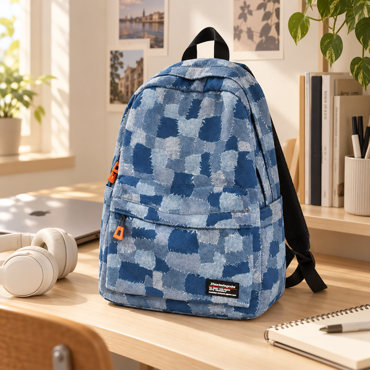 A blue patterned backpack with front zipper sections on a wooden desk, with a pair of white headphones, a closed laptop, a spiral notebook with a pen, and a cup holding pens and pencils.