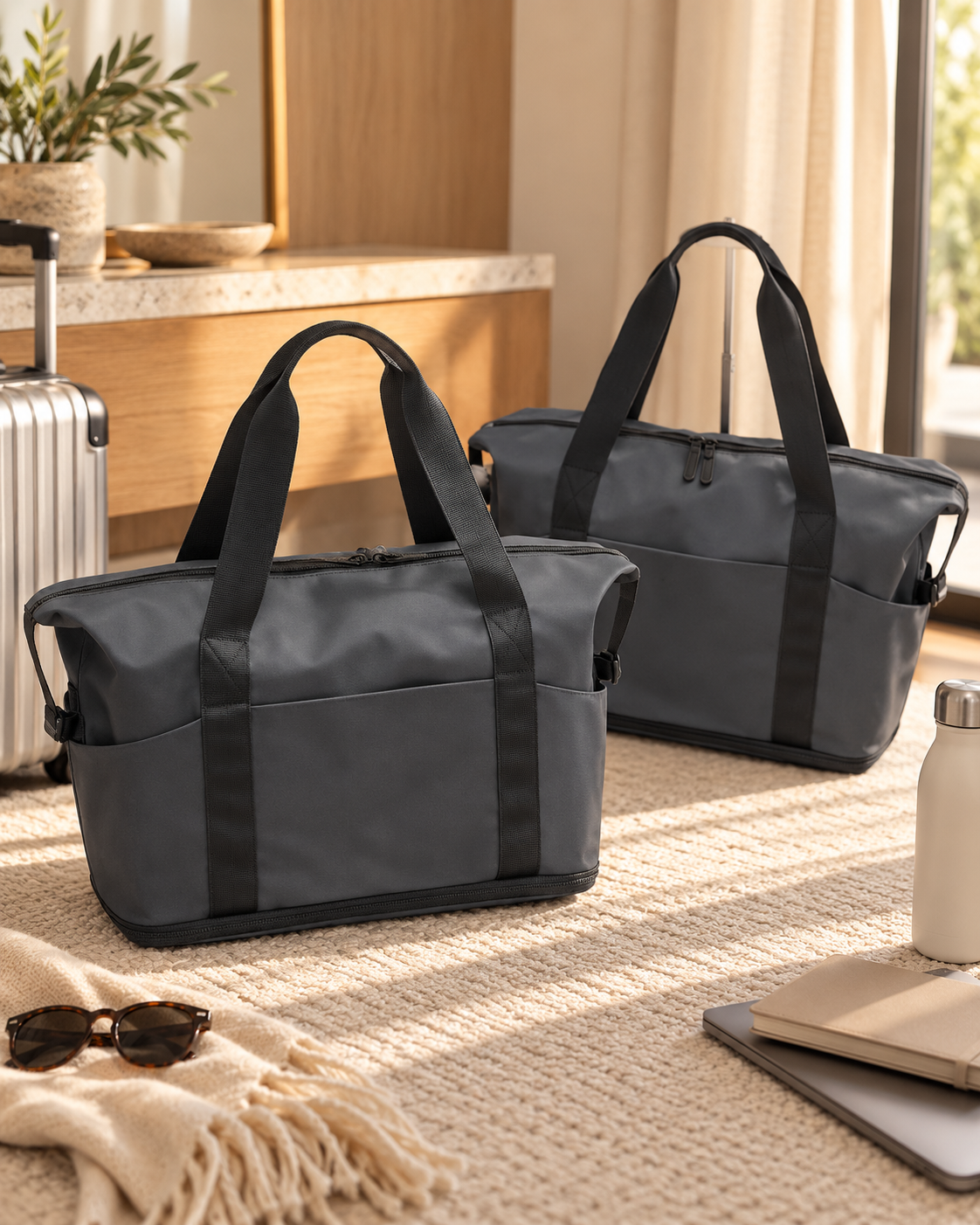 Two gray travel duffel bags with black straps on a beige carpeted surface, near a window with sunlight, with a beige towel and sunglasses in the foreground, and a notebook and water bottle to the right.