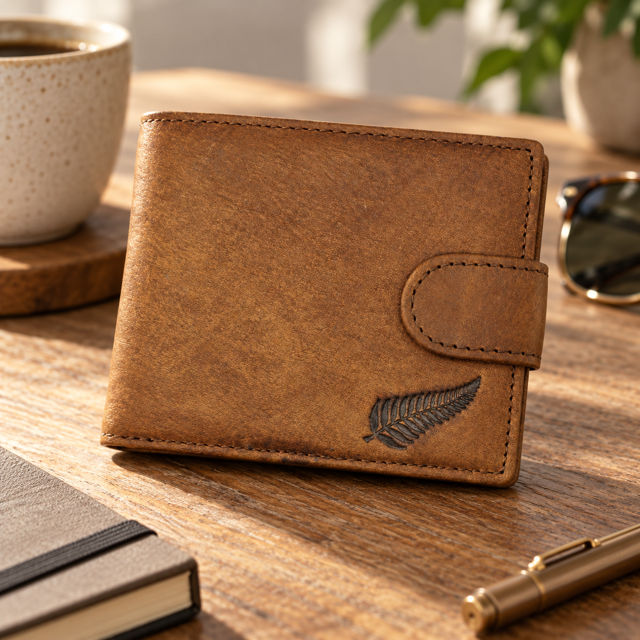 A brown leather wallet with a fern logo resting on a wooden desk.