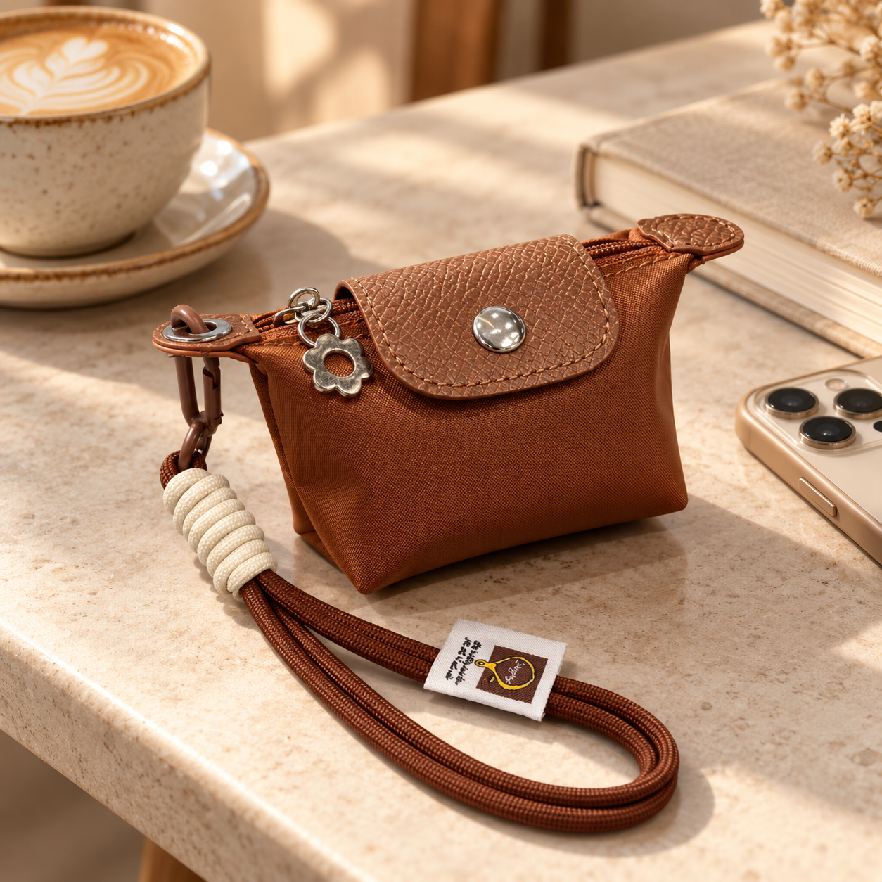 Brown coinbag with metallic buttons and charms on a beige countertop.