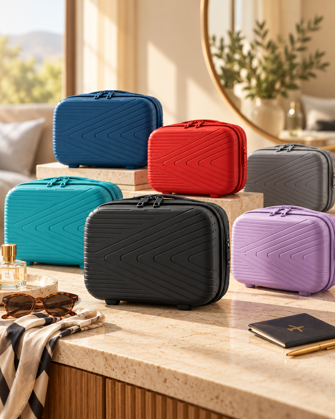 Multiple 14" suitcase with a textured surface for toiletry, makeup, small accessories on a hotel room bed, with sunglasses and a passport nearby.