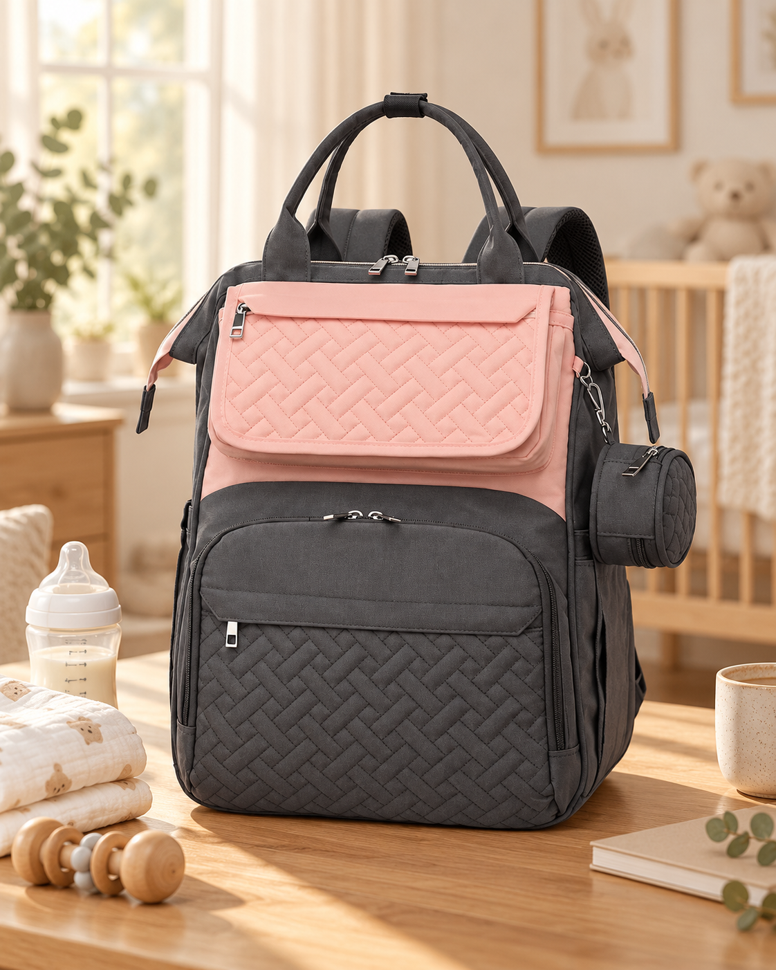 A backpack with pink and black quilted fabric compartments, sitting on a wooden table in a nursery or child's room.