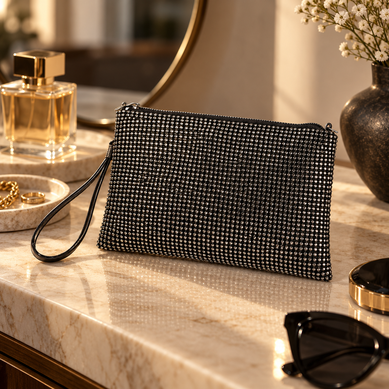 A black, sparkly clutch purse with rhinestones and a wrist strap on a marble vanity table, with perfume, jewelry, and sunglasses nearby.