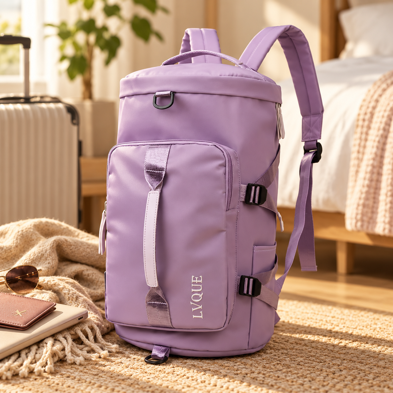 A lavender-colored travel backpack with main storage section and pockets placed on a woven rug in a cozy bedroom with a bed, bedside table, and a plant in the background.