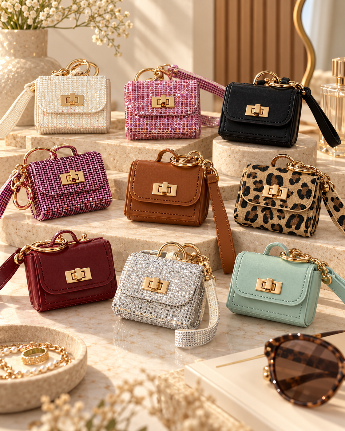 Display of small accessories in various colors and patterns on marble surfaces, with decorative jewelry, sunglasses, and a vase of flowers in the background.