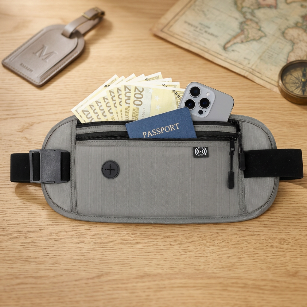 RFID multi compartment travel waist bag containing money, a passport, and a smartphone, on a wooden surface with a map, a compass, and a luggage tag in the background.