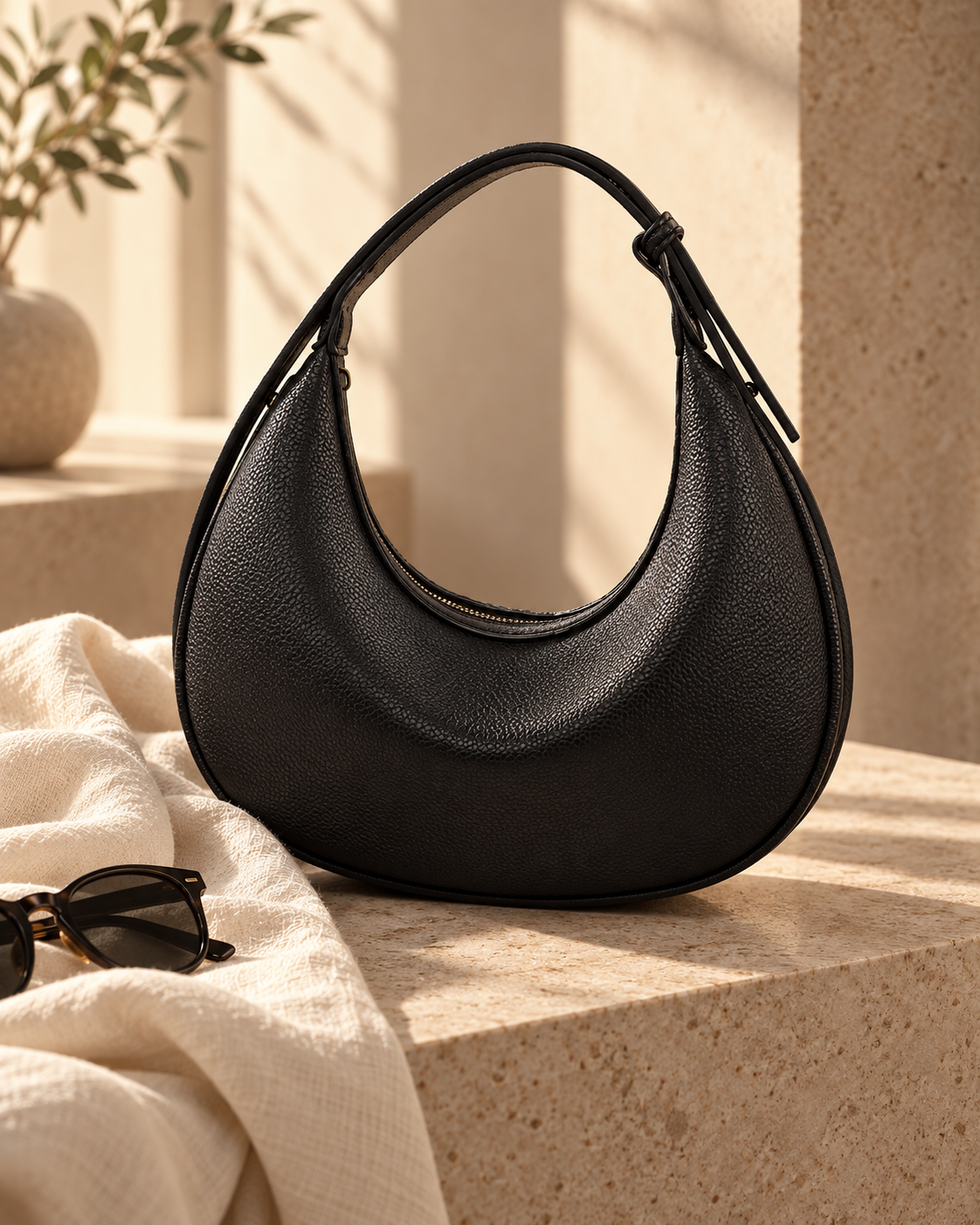 A strap expandable crescent bag, resting on a beige stone surface.