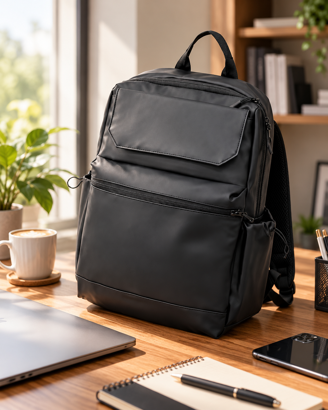 A black backpack with front zippers placed on a wooden desk with a laptop, a coffee cup, a smartphone, a notepad, and a pen nearby.