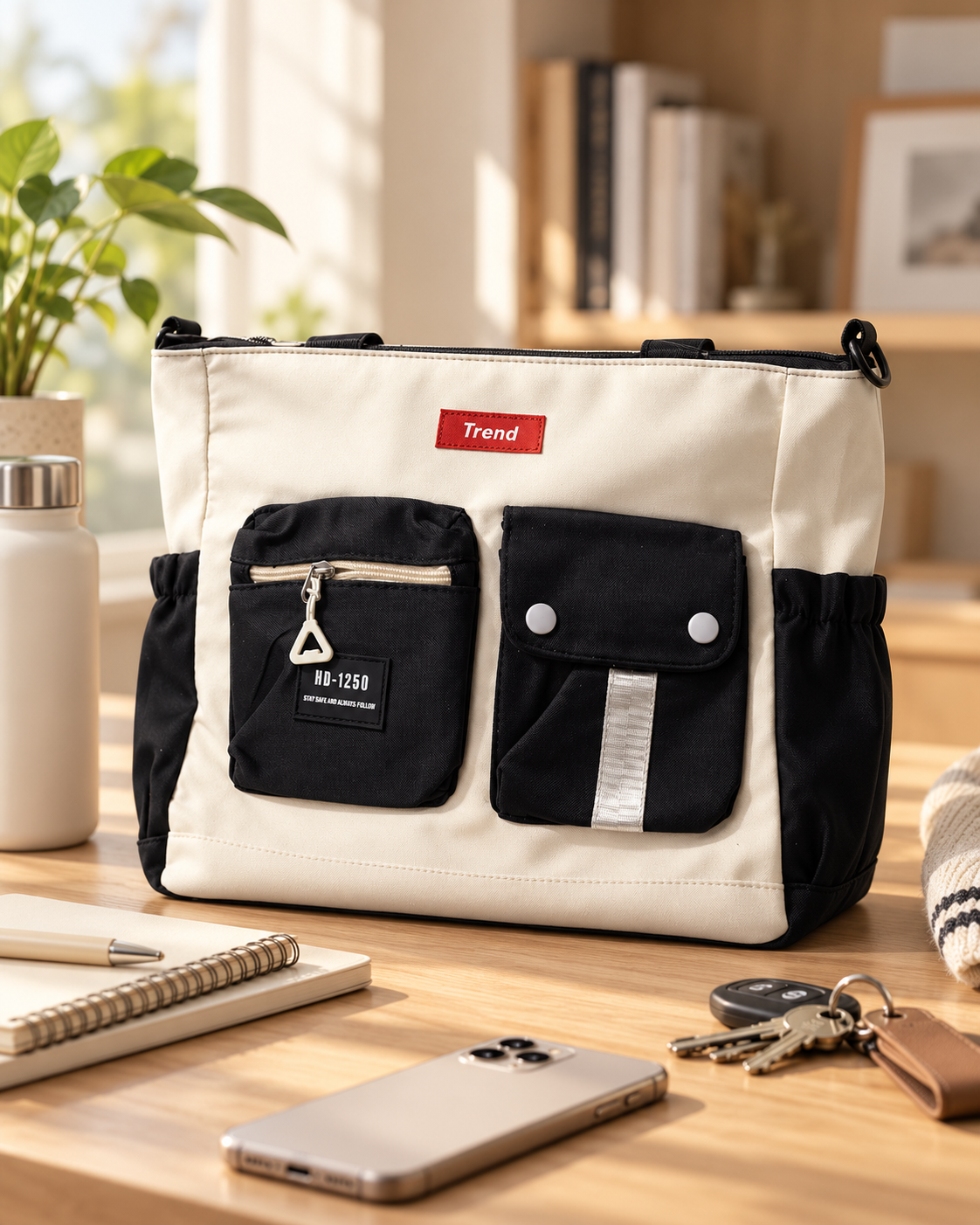 A beige and black tote bag with multiple pockets on a wooden desk. Items nearby include a notebook, pen, smartphone, keys, and a water bottle.