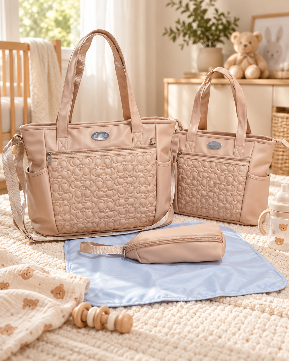 Two beige diaper bags with embossed patterns, one large and one small, are placed on a cream textured rug. A matching smaller pouch and a blue changing pad are also on the rug. Baby items such as a bottle with bear decals, a plush blanket with bear faces, and a baby rattle are nearby in a nursery with a crib, teddy bear, potted plant, and Bunny artwork in the background.