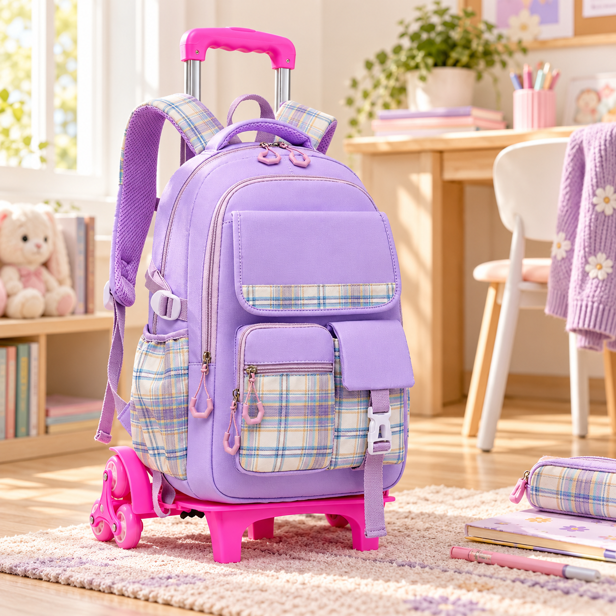A lavender and plaid rolling backpack with pink wheels and purple handle in a child's room with books, plush toys, and art supplies.
