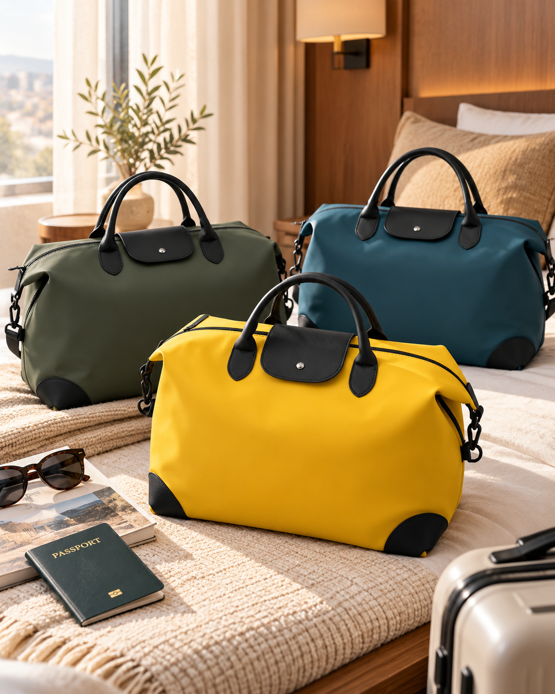 Three unique colorful duffel bags (yellow, green, blue) on a bed with a beige blanket, beside a passport, sunglasses, and a suitable travel-sized suitcase in a hotel room with a window and plants in the background.