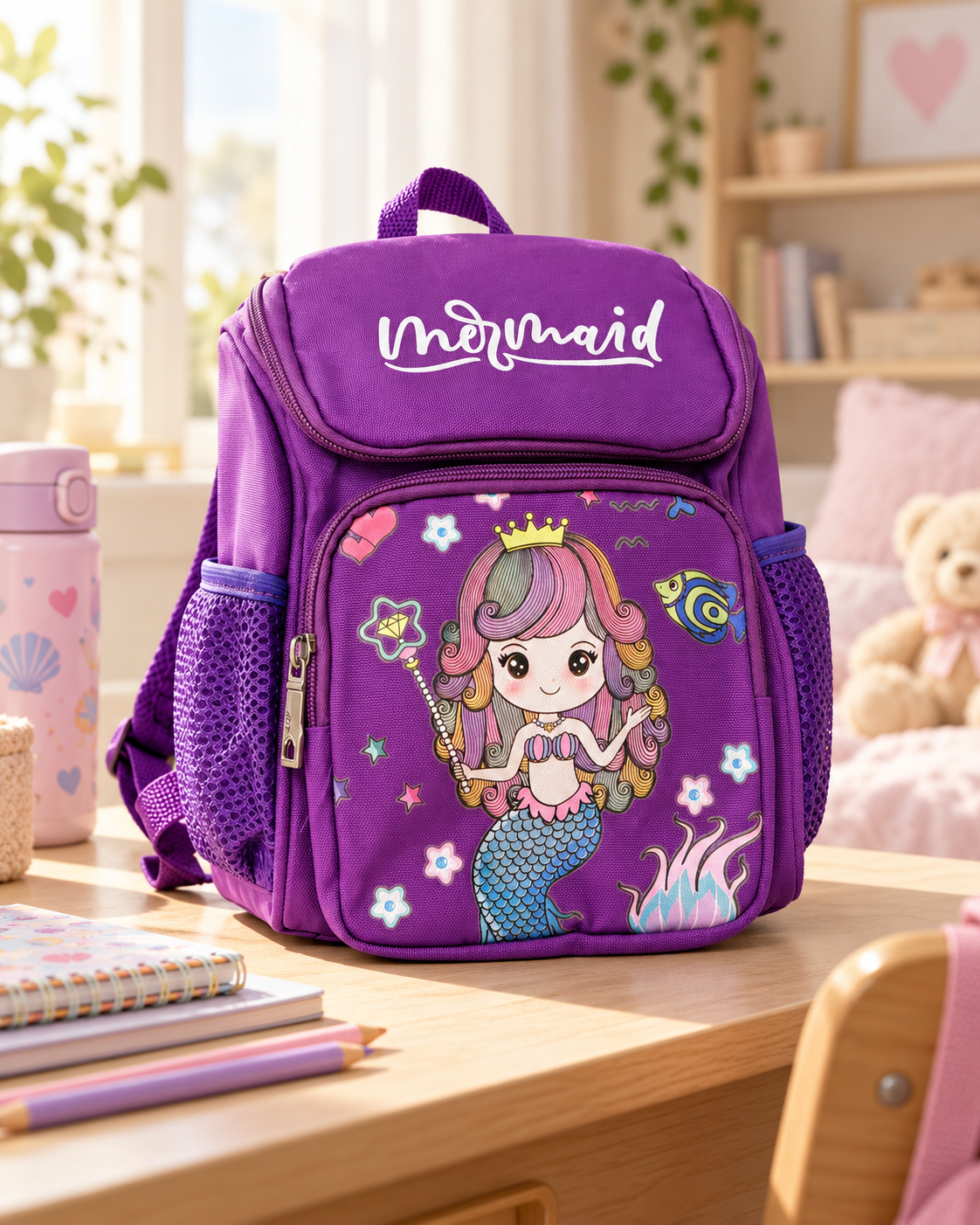 A purple children's backpack with a mermaid cartoon on the front pocket, with the word 'mermaid' written on top. The backpack is on a wooden desk in a room decorated with books, a teddy bear, and pastel-colored accessories.