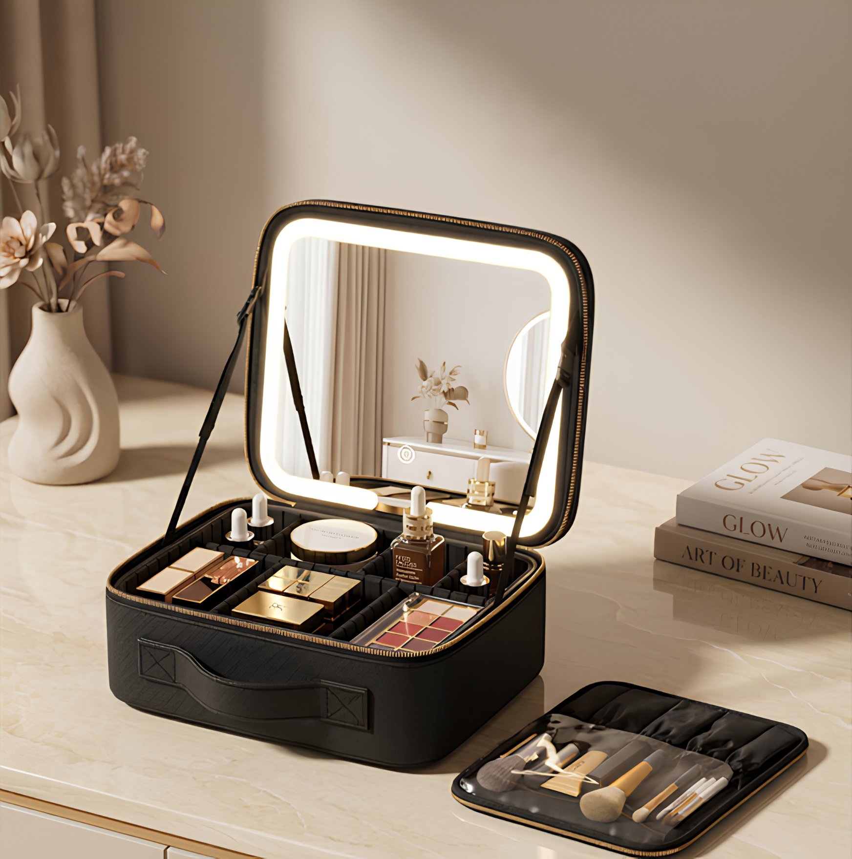 Open black storage case with illuminated mirror and compartments, containing makeup products, brushes, and beauty tools.