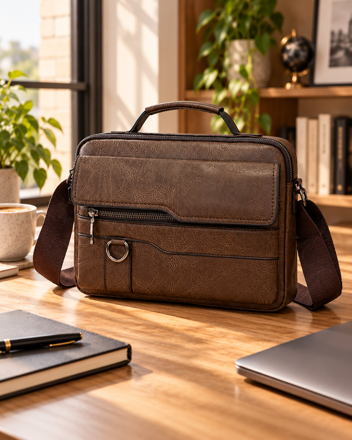 A brown leather briefcase with several quick-access zip pockets on a wooden desk with a notebook, pen, laptop, and mug, with plants and a bookshelf in the background.