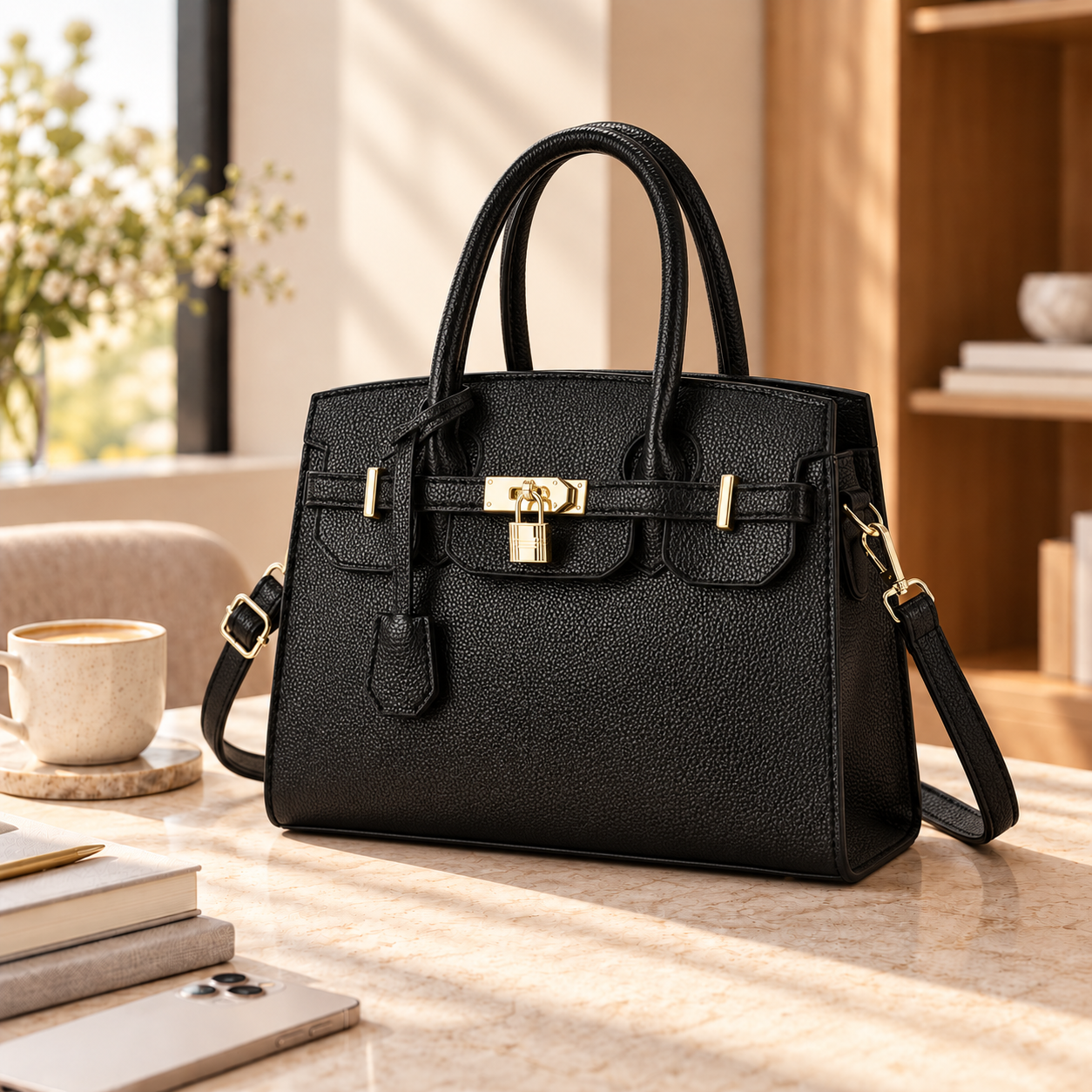 A black leather handbag with multiple compartments placed on a marble table, with a cup of coffee, a book, and a smartphone nearby.