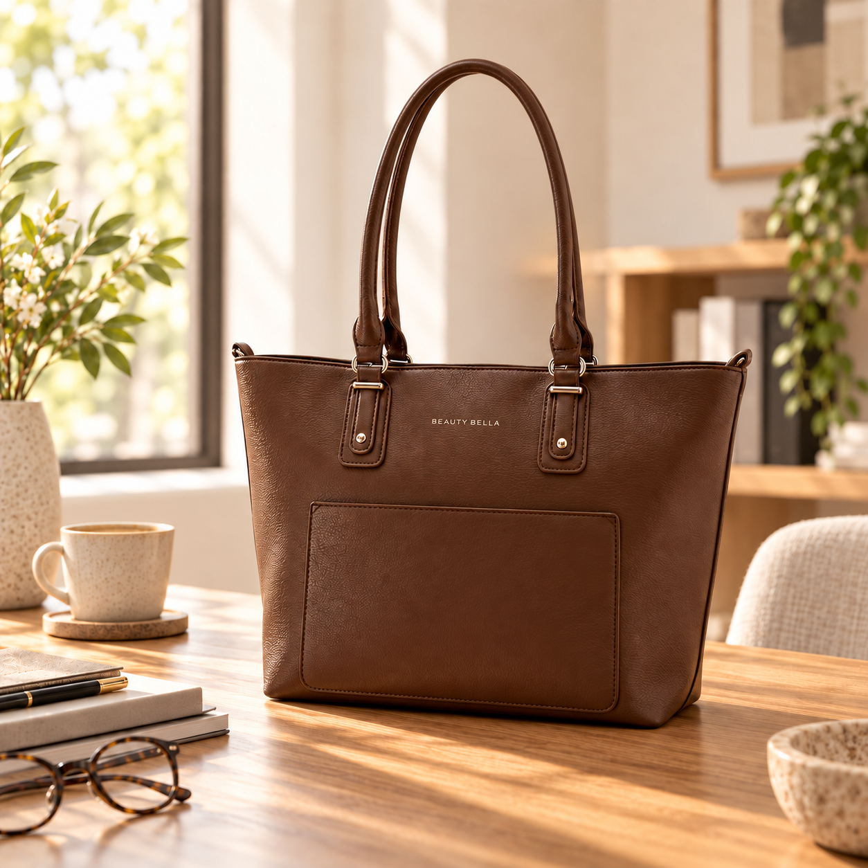 Brown leather handbag with multiple compartments on a wooden table in a sunlit room, with a pair of glasses, a notebook, a coffee cup, and a bowl nearby.