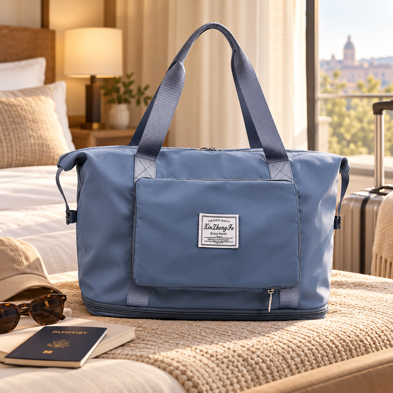 Blue travel bag on a bed with a passport, sunglasses, and a hat nearby, in a hotel room with a window view.