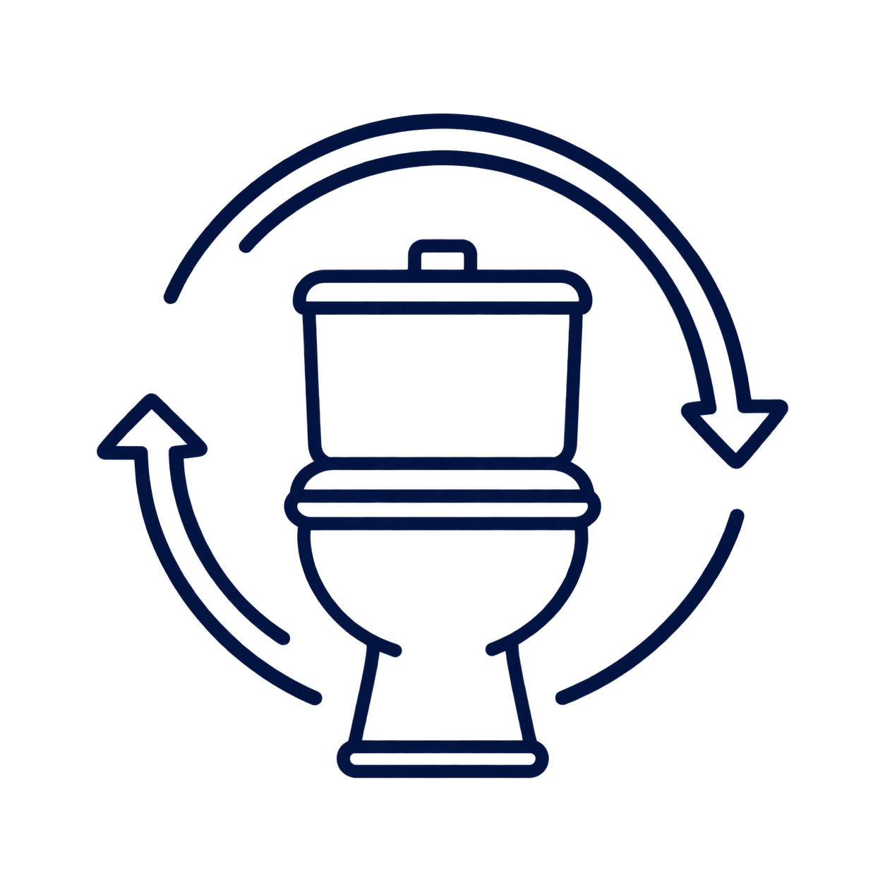 Icon of a toilet with circular arrows around it, indicating toilet flushing or recycling.
