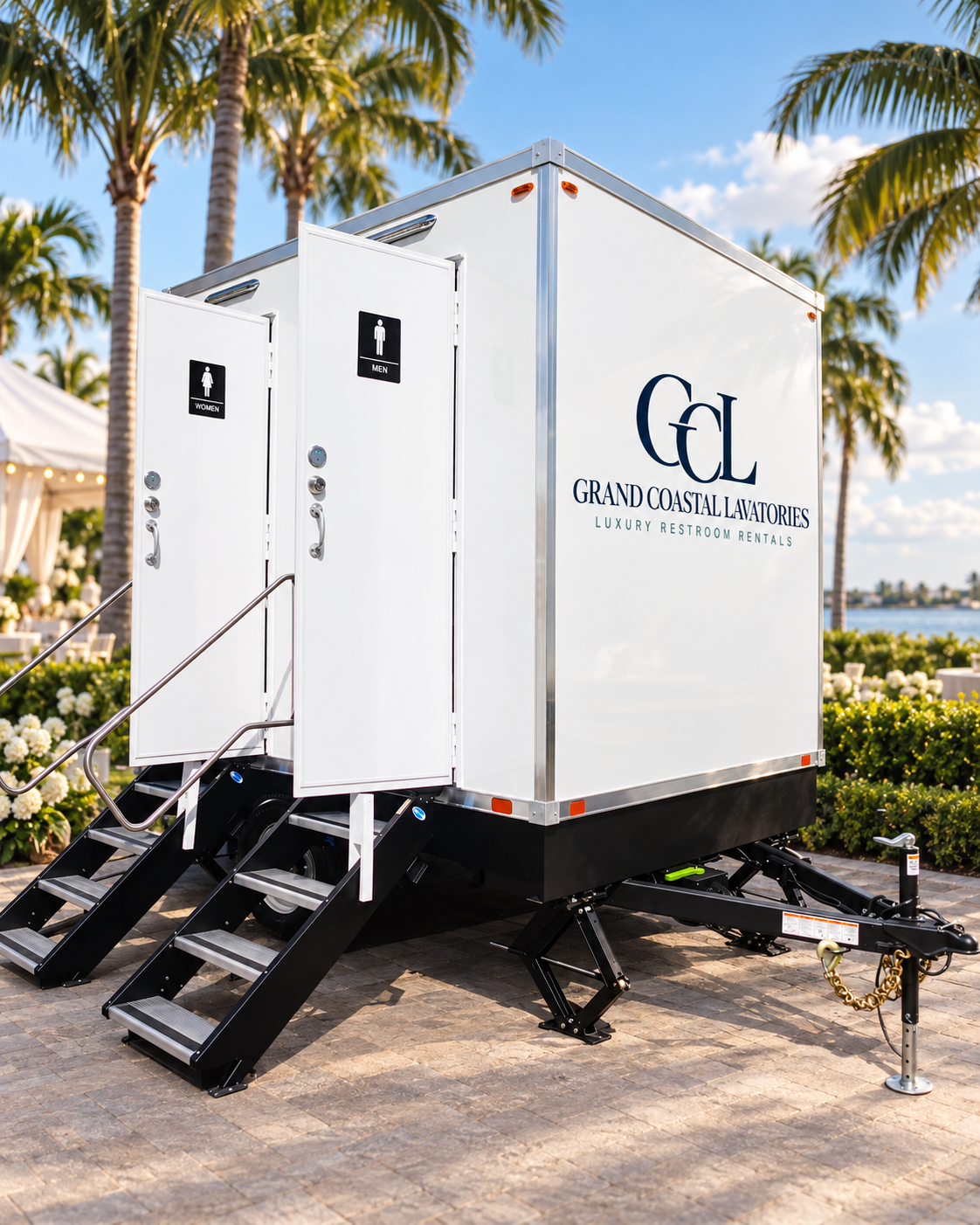 White portable luxury restroom trailer with stairs and handrails, branded as Grand Coastal Lavatories, situated outdoors in a sunny tropical setting with palm trees, a clear blue sky, and water in the background.