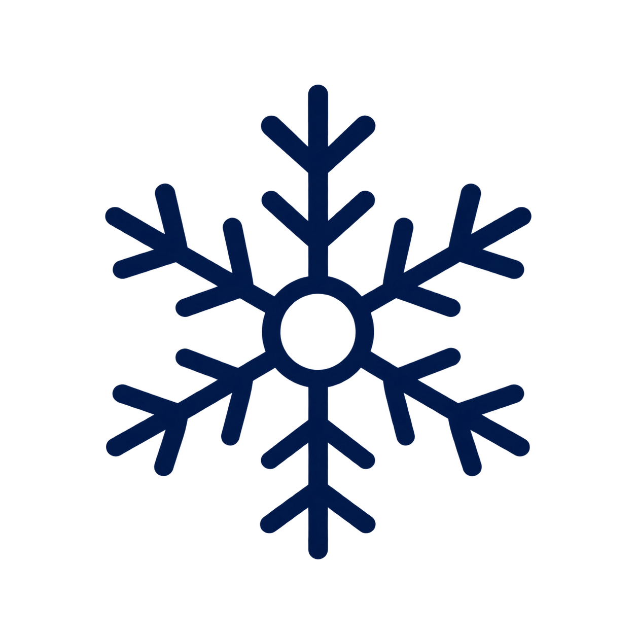A dark blue snowflake icon on a transparent background.