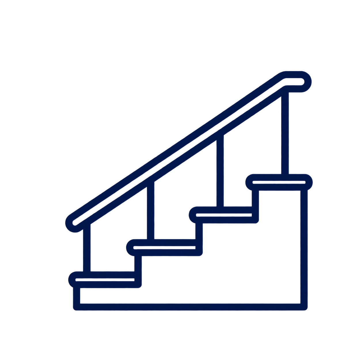 A simple line drawing of a staircase with a handrail, depicted in dark blue against a black background.