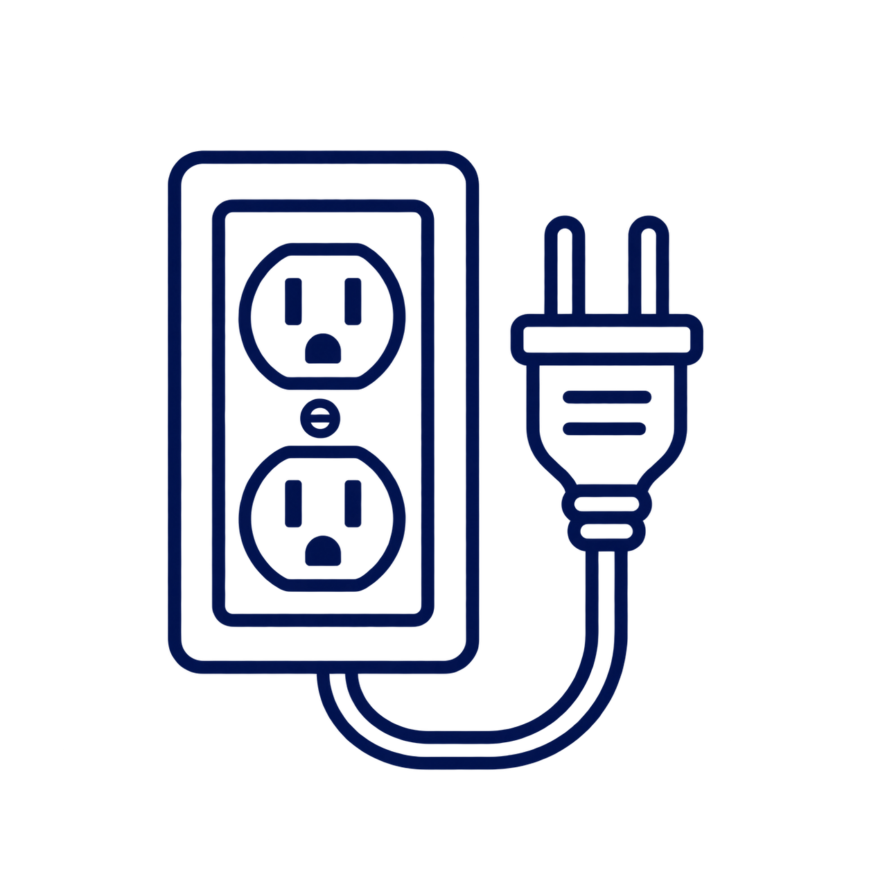 Outline of an electrical outlet with a power cord plugged into it.