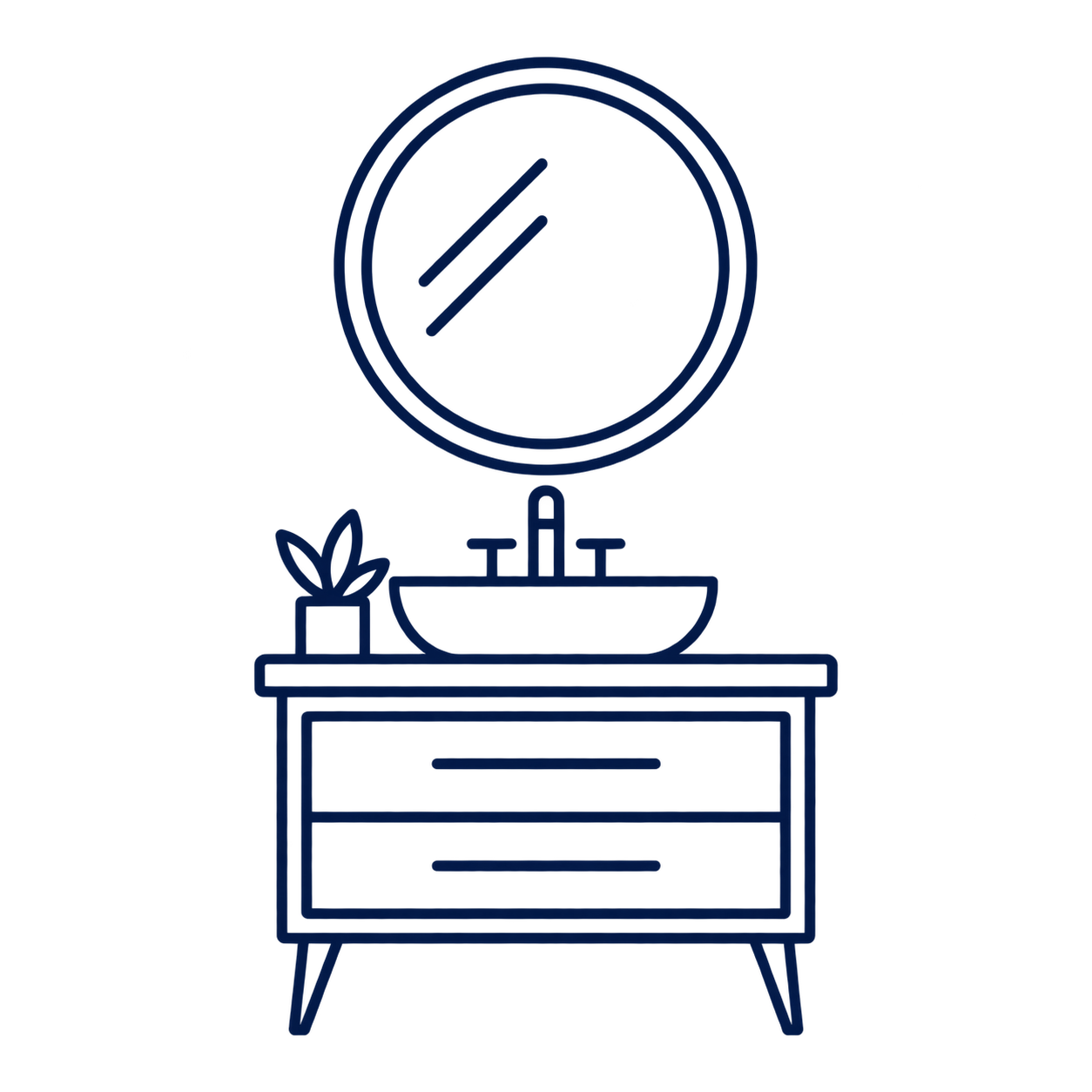 Minimalist line drawing of a bathroom sink with a mirror above it, a potted plant on the left side of the sink, and a bokeh-style light fixture above the mirror.
