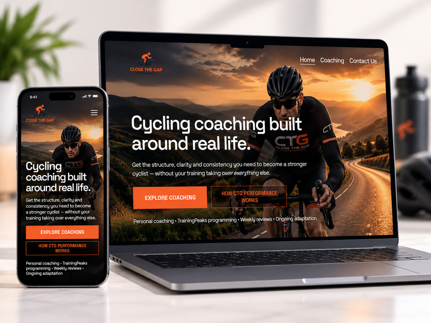 Close The Gap Performance cycling coaching website displayed on laptop and mobile