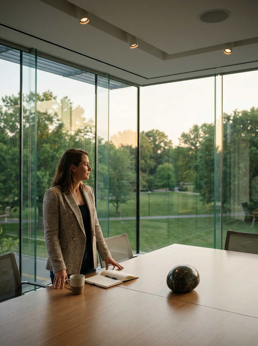 A woman standing at a conference table in a modern office with large glass windows overlooking a green park during sunset.