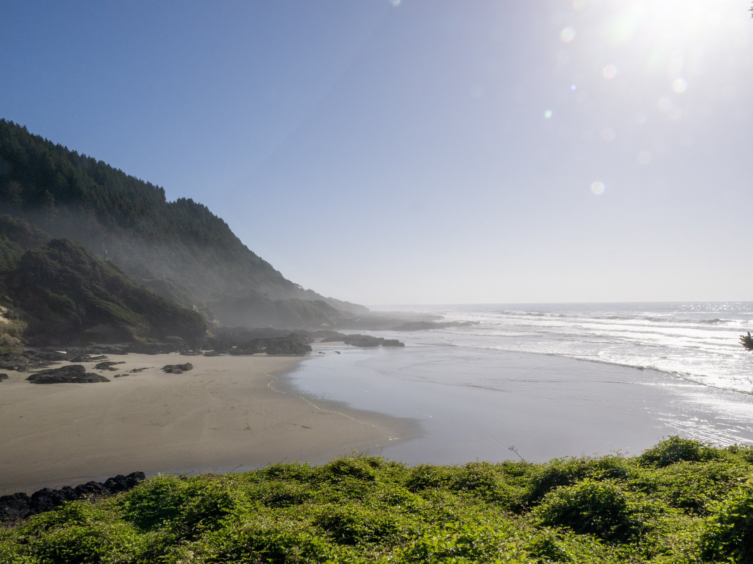 A scenic view of a beach with green vegetation in the foreground, waves crashing on the shore, a hillside covered with trees to the left, and a bright sky with the sun shining.