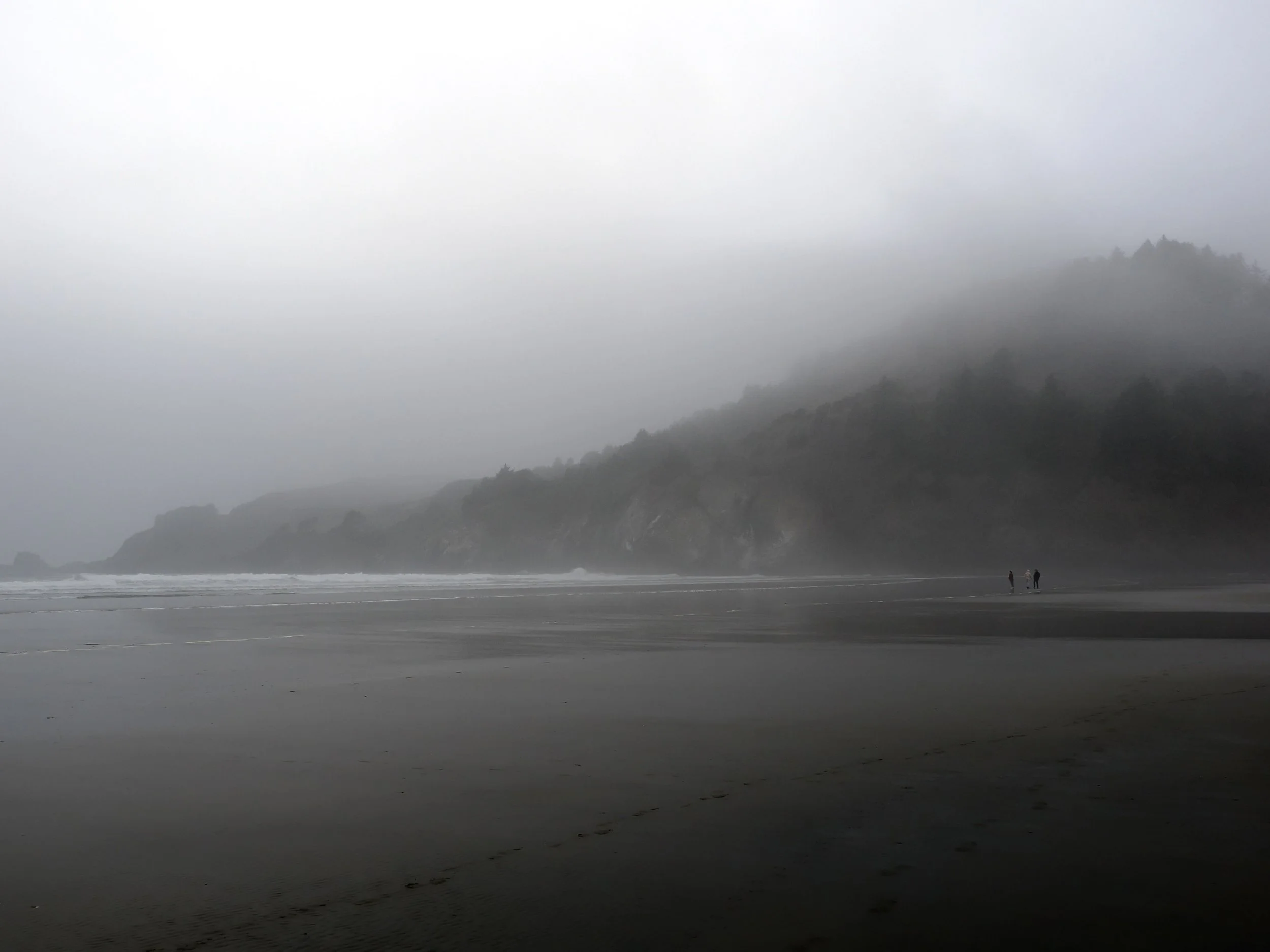 A foggy beach scene with two people walking on the sand near the shoreline, with mist-shrouded trees and hills in the background.