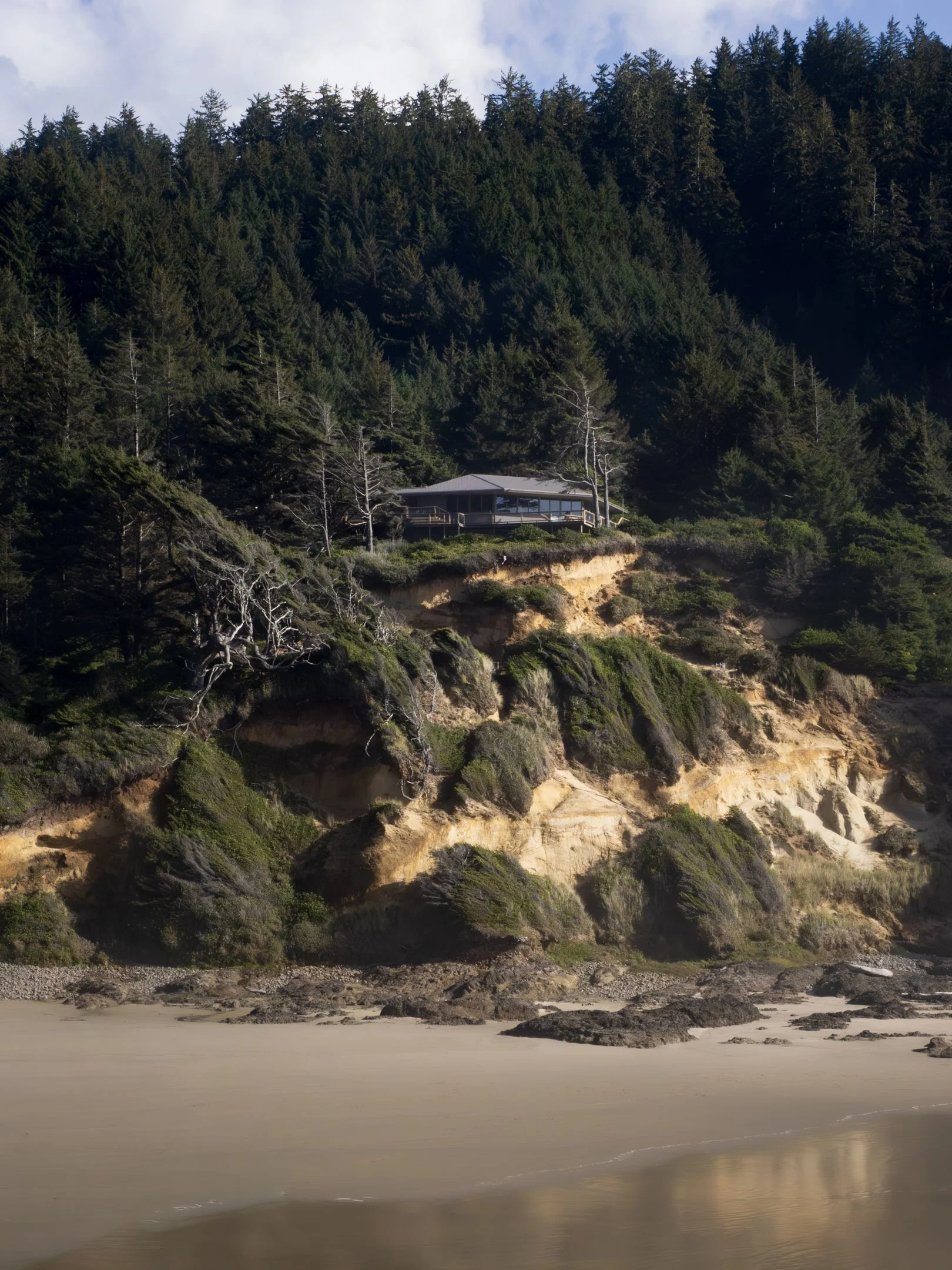 A house built on the edge of a cliff surrounded by dense forest, with a body of water in the foreground and cloudy sky above.