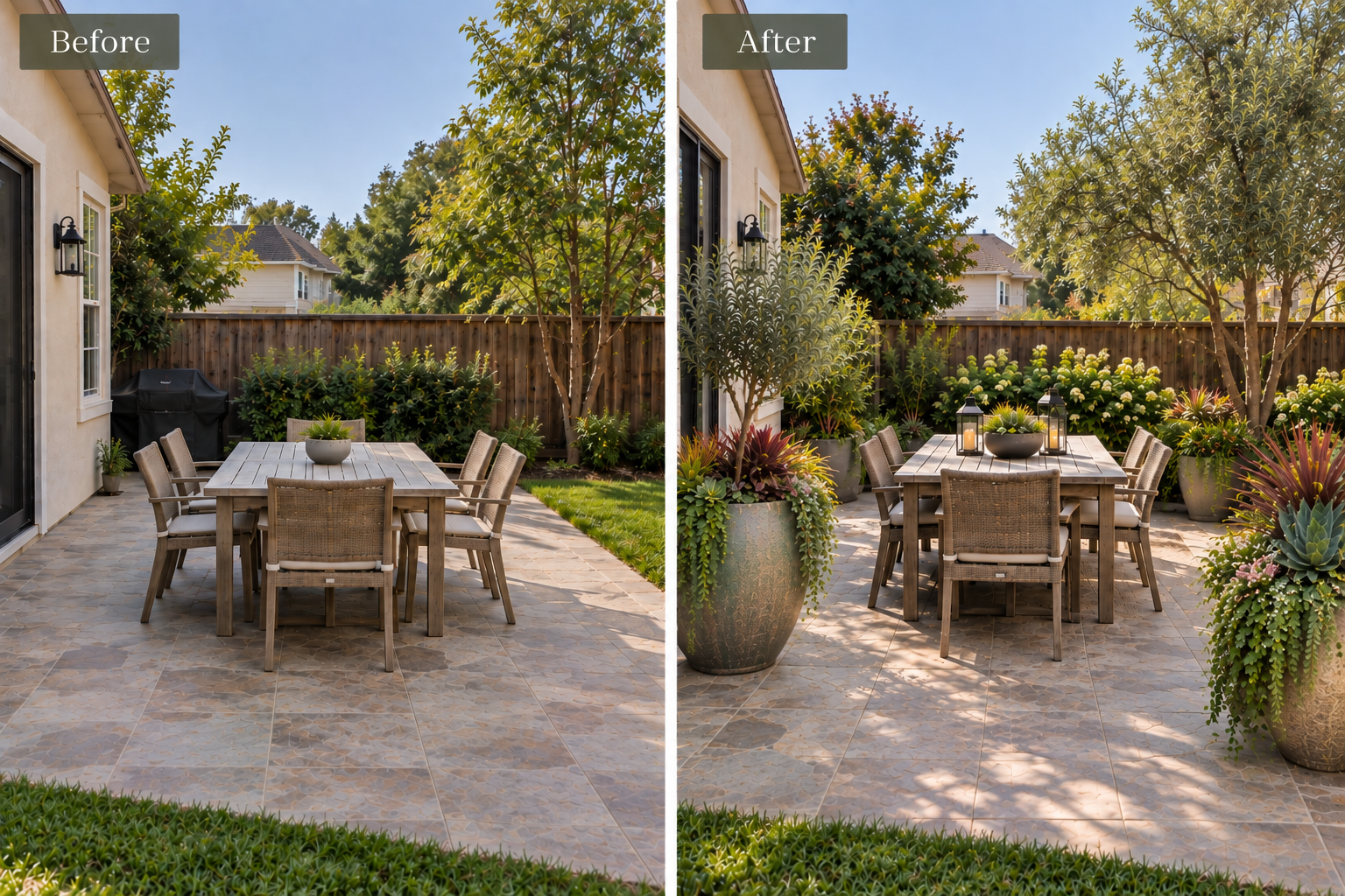 Side-by-side comparison of an outdoor patio: before and after landscaping. The 'before' shows a plain patio with minimal greenery, while the 'after' displays a decorated patio with large potted plants, a wooden dining table with chairs, and decorative lanterns, creating a lush, inviting garden setting.