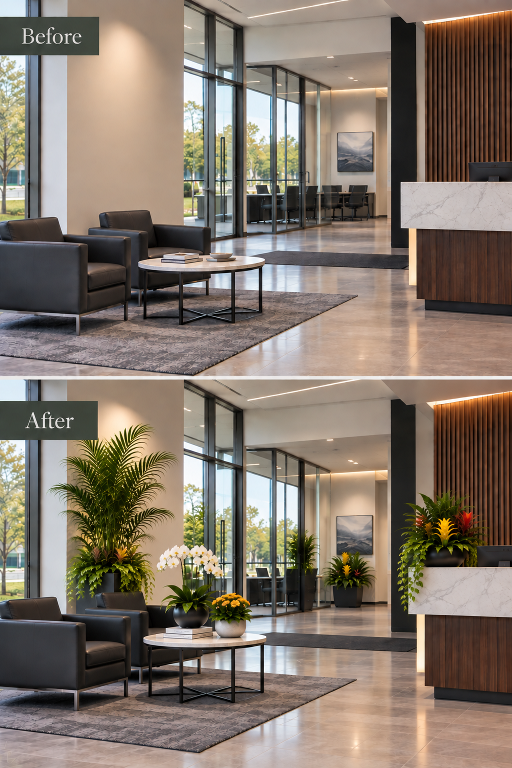 Modern hotel lobby with black armchairs, coffee table with books and bowls, large indoor plants, and big windows showing trees outside.