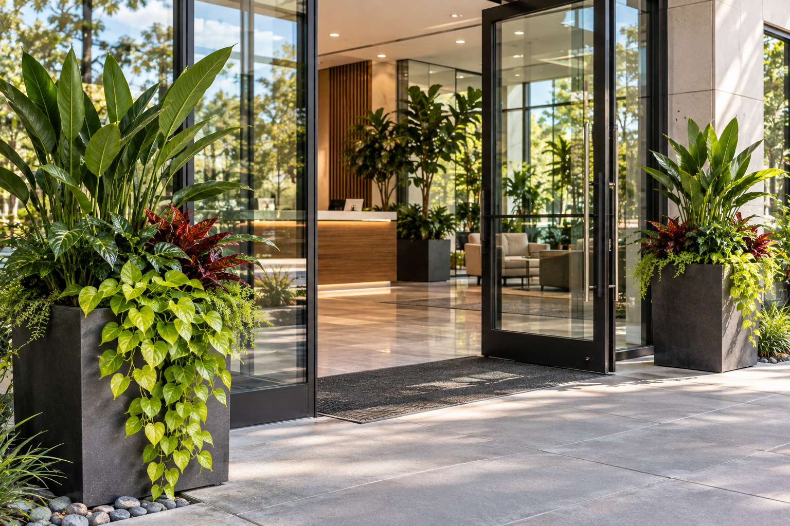 Entrance to a modern building with large glass doors, potted green plants, and a visible lobby area inside.