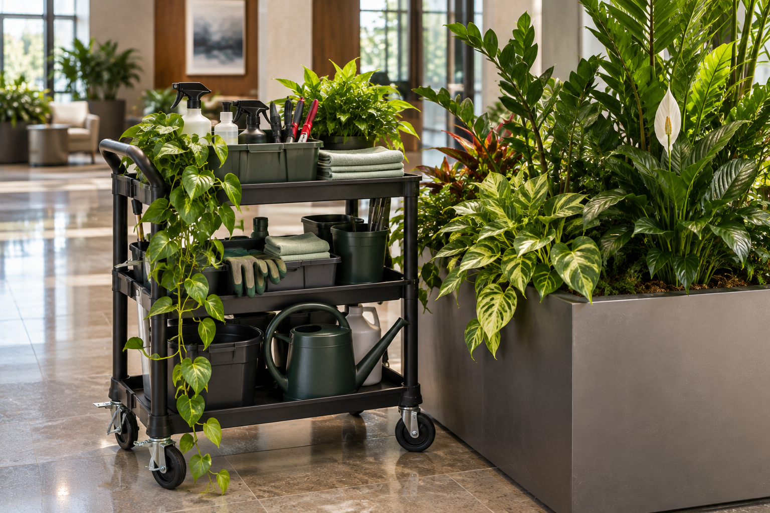 Cleaning cart with supplies beside a large planter filled with green houseplants in an indoor space with tiled floor.