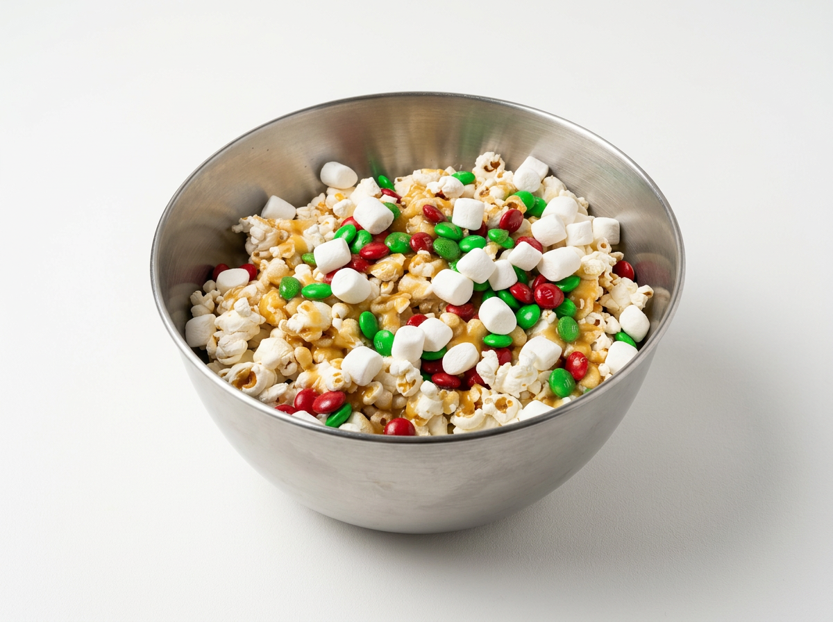 A metal bowl filled with popcorn decorated with green, red, and white candies.