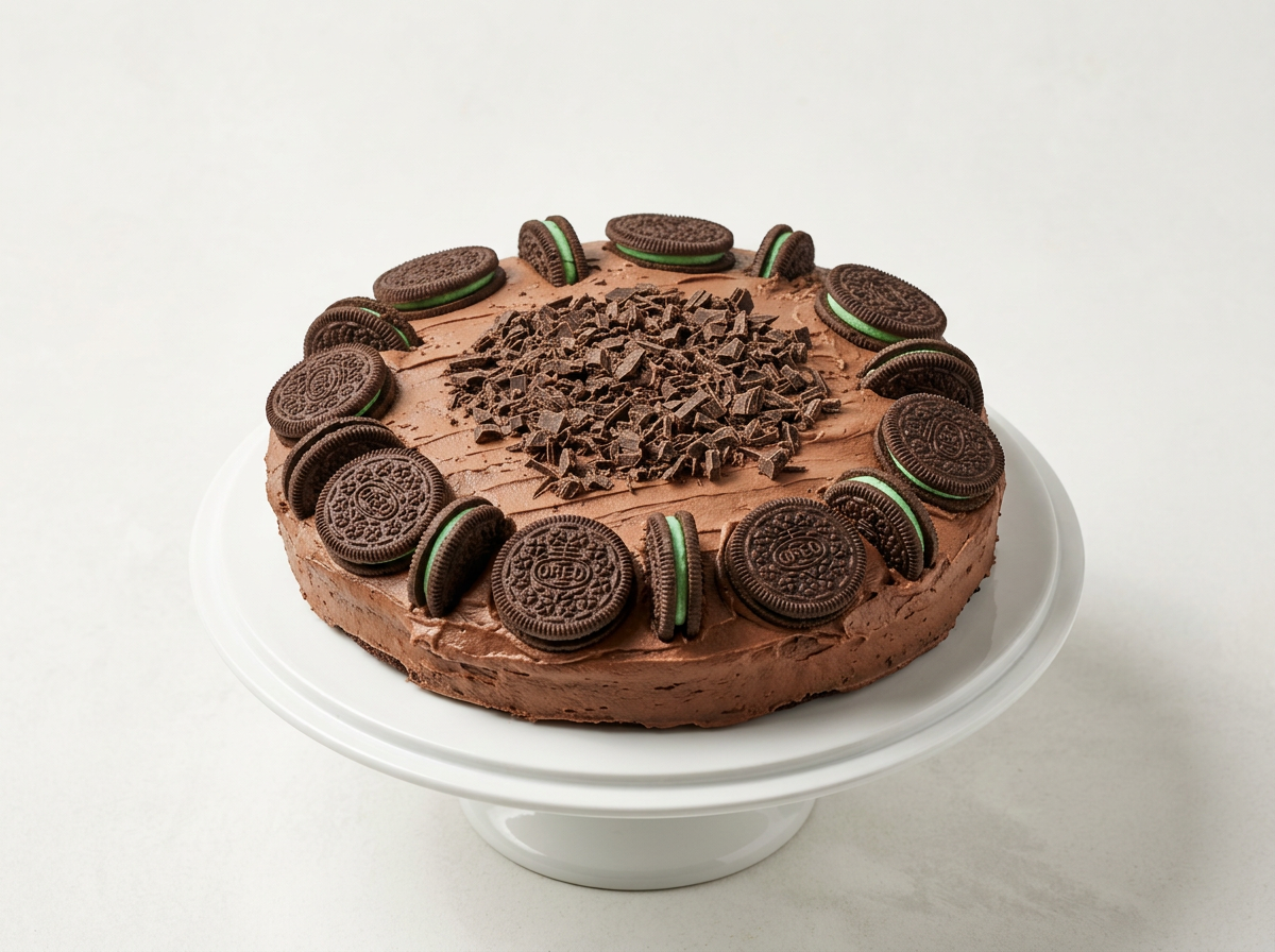 Chocolate cake decorated with Oreo cookies around the edge and chocolate shavings on top, placed on a white cake stand.