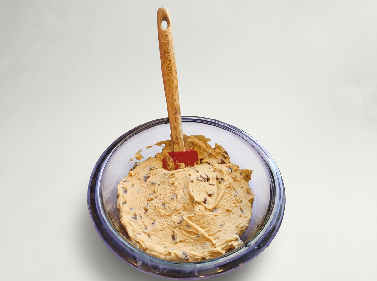 A glass bowl filled with chocolate chip cookie dough with a red spatula and a wooden handle inside.