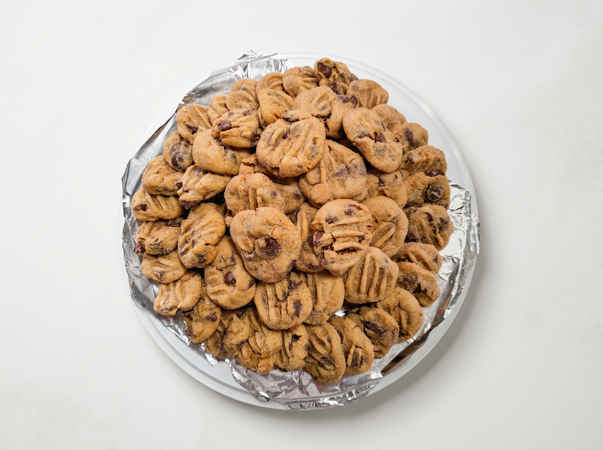 A plate of homemade chocolate chip cookies on a white surface.