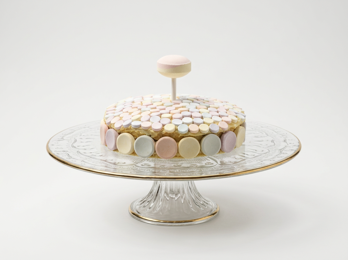 A cake decorated with pastel-colored candies on a glass cake stand.