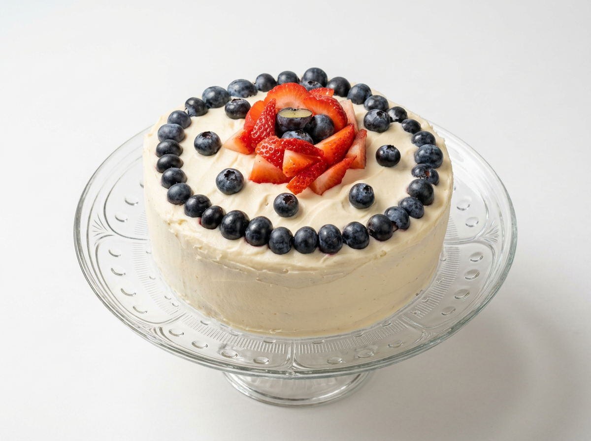 A round white frosted cake decorated with blueberries around the edge and sliced strawberries and blueberries in the center on a glass cake stand.