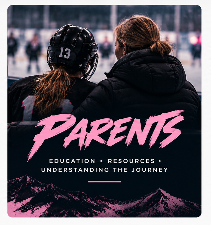 A parent and a young hockey player sitting together at an ice rink, with the word 'Parents' and the phrases 'Education, Resources, Understanding the Journey' overlaid on the image, along with a mountain range at the bottom.